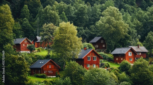 Charming rural houses nestled in a lush green forest landscape surrounded by trees and nature.