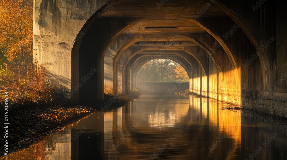 Serene Reflection Beneath Bridge with Golden Light and Calm Waters in Autumn Ambiance Serene Reflection Beneath Bridge with Golden Light and Calm Waters in Autumn Ambiance