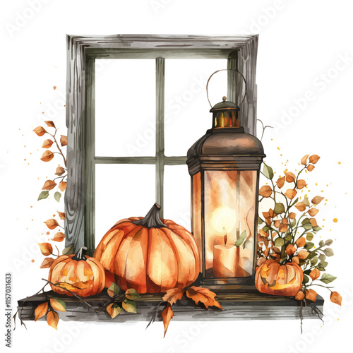 A watercolor drawing of a vintage lantern glowing on a fall porch with a pumpkin, isolated on a white background. Lantern vector.
