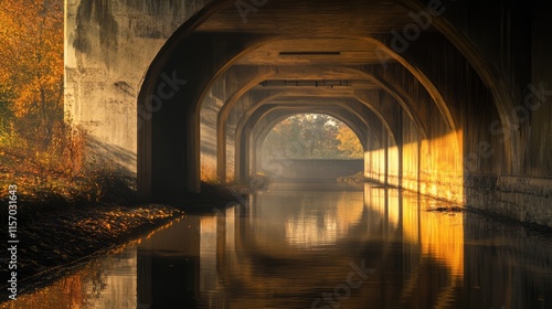 Serene Reflection Beneath Bridge with Golden Light and Calm Waters in Autumn Ambiance