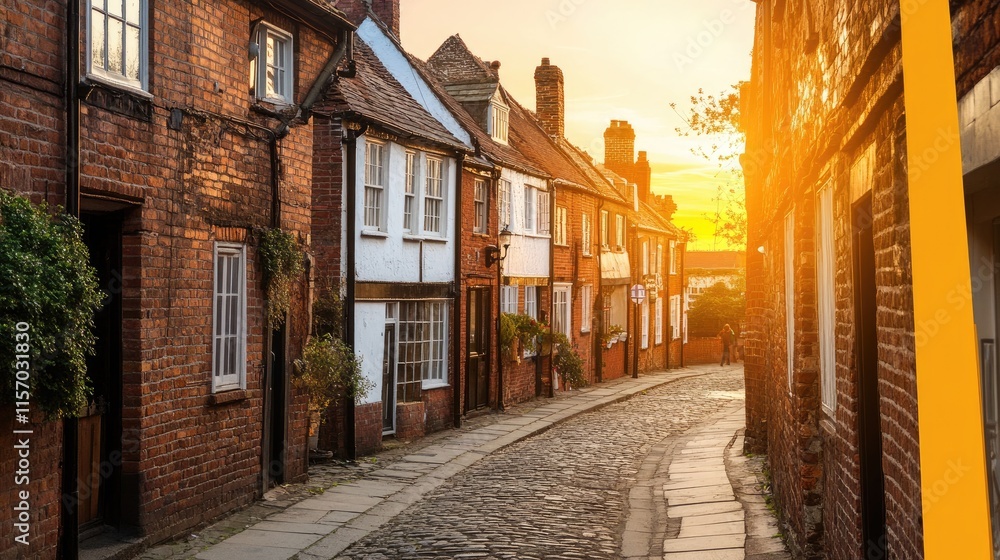 Fototapeta premium Charming Cobblestone Street at Sunset in Quaint Historic Village