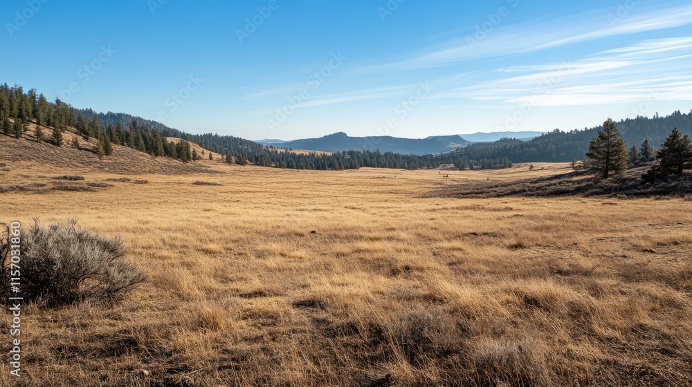 Winter view of a dry field with distant forest showcasing natural landscapes and serene beauty in a clear blue sky setting Winter view of a dry field with distant forest showcasing natural landscapes and serene beauty in a clear blue sky setting
