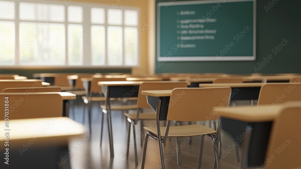 Empty classroom with rows of wooden desks. Empty classroom with rows of wooden desks.