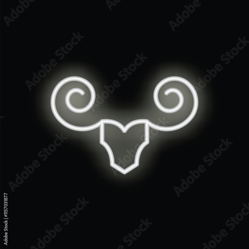 Neon sign representing the head of a ram with large horns, glowing white on a black background