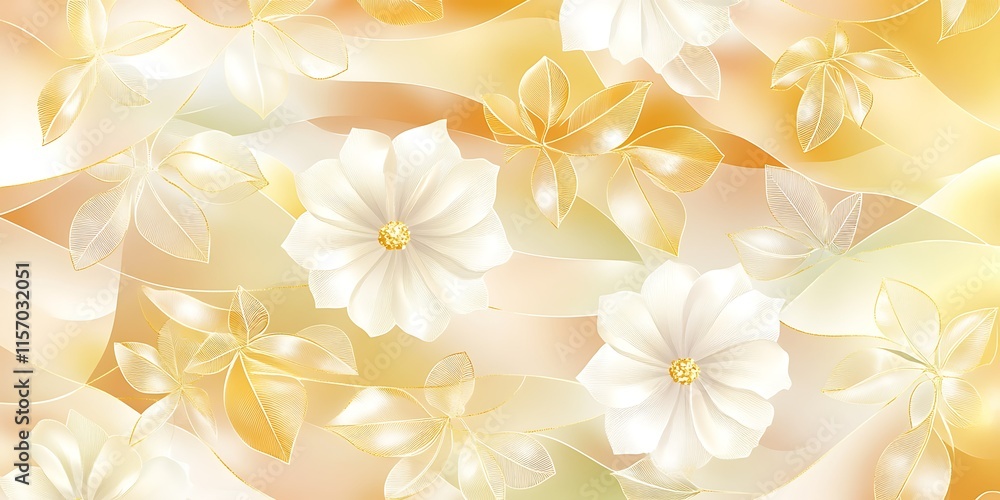 Obraz premium Elegant floral pattern with white flowers and golden leaves on a soft, wavy background.