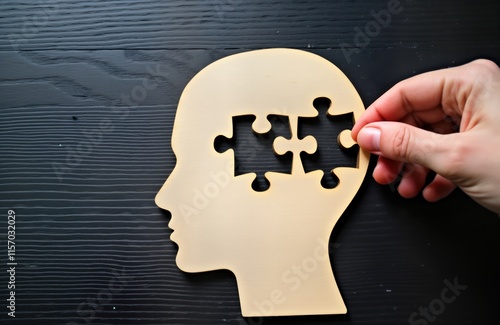 Conceptual photo shows hand placing jigsaw puzzle piece into wooden head silhouette representing brain. Image mental health issues like memory loss, dementia. May used for representing cognitive photo