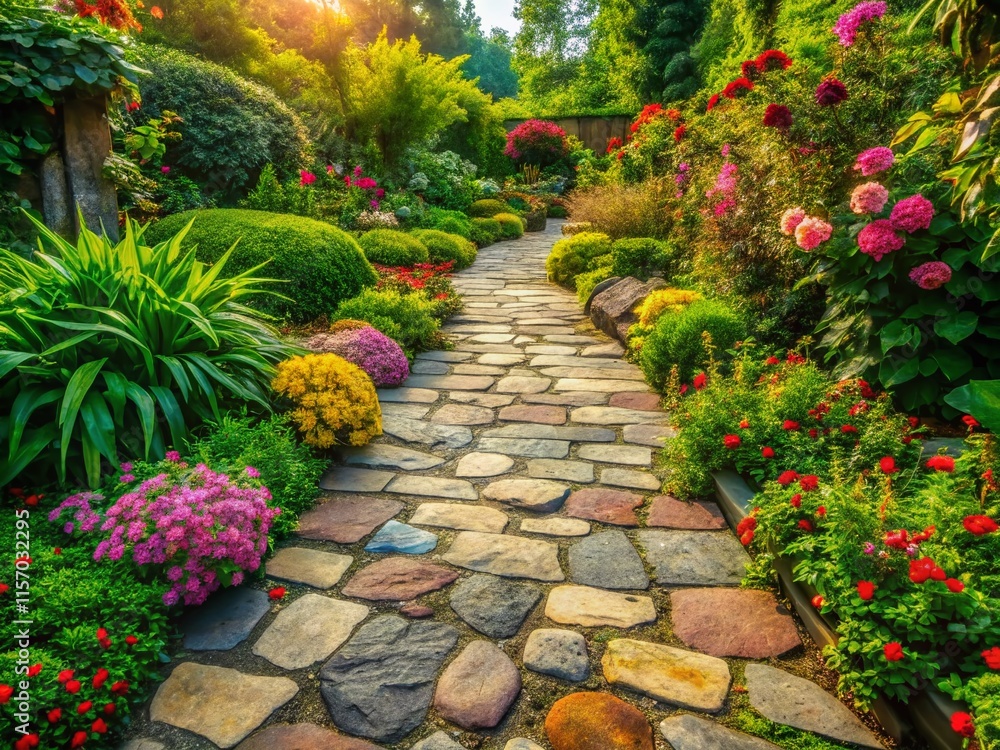 Rustic Stone Paving Tiles Set, Natural Stone Path, Outdoor Garden Design, Landscape Architecture, Cobblestone Walkway Rustic Stone Paving Tiles Set, Natural Stone Path, Outdoor Garden Design, Landscape Architecture, Cobblestone Walkway
