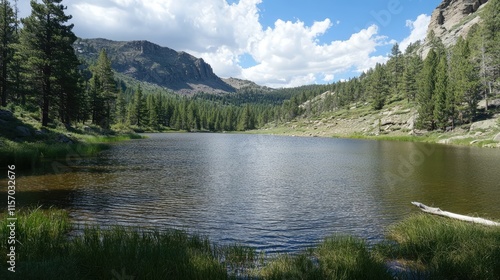 Scenic reservoir view surrounded by lush greenery and mountains under a blue sky with fluffy clouds. Ideal for nature and landscape photography. photo