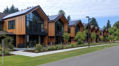 Sleek townhouses featuring large windows and wooden accents are bathed in warm golden hour light with greenery nearby and an empty street in view