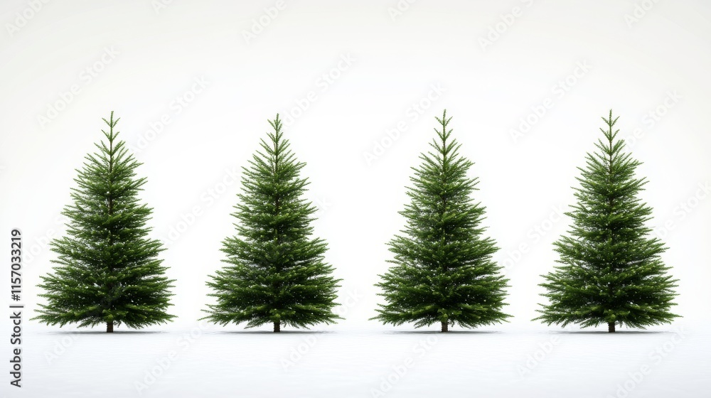 Obraz premium Four evergreen trees against a light background.