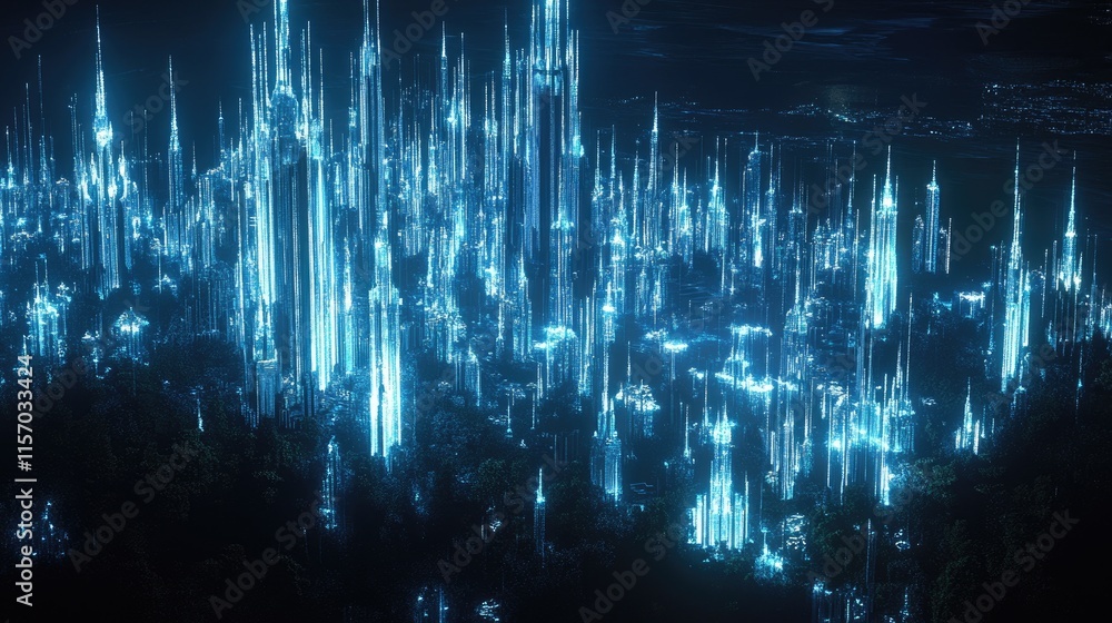 Obraz premium Ethereal Cityscape with Glowing Towers Under Night Sky