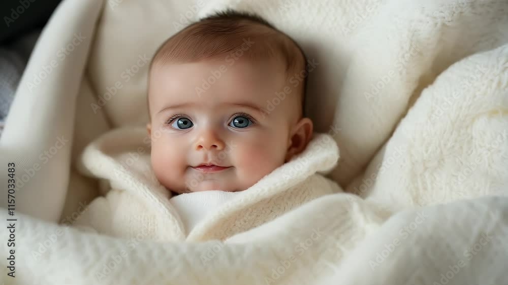 A happy baby smiles sweetly while wrapped in a soft, white blanket, exuding warmth, innocence, and pure joy indoors. A happy baby smiles sweetly while wrapped in a soft, white blanket, exuding warmth, innocence, and pure joy indoors.