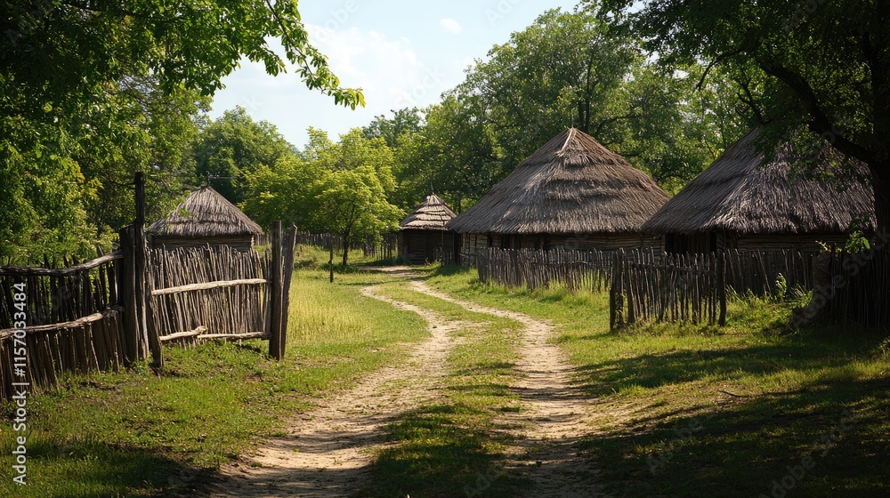 Rustic village scene with thatched huts and wooden fences in a serene rural countryside setting under a bright blue sky Rustic village scene with thatched huts and wooden fences in a serene rural countryside setting under a bright blue sky