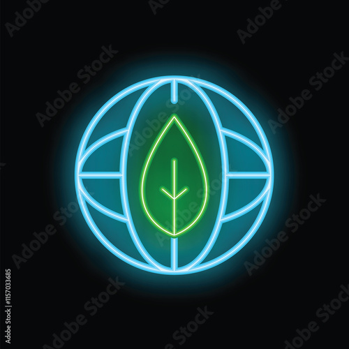 Glowing neon icon of a green leaf inside planet earth, representing global environmental awareness and sustainability initiatives