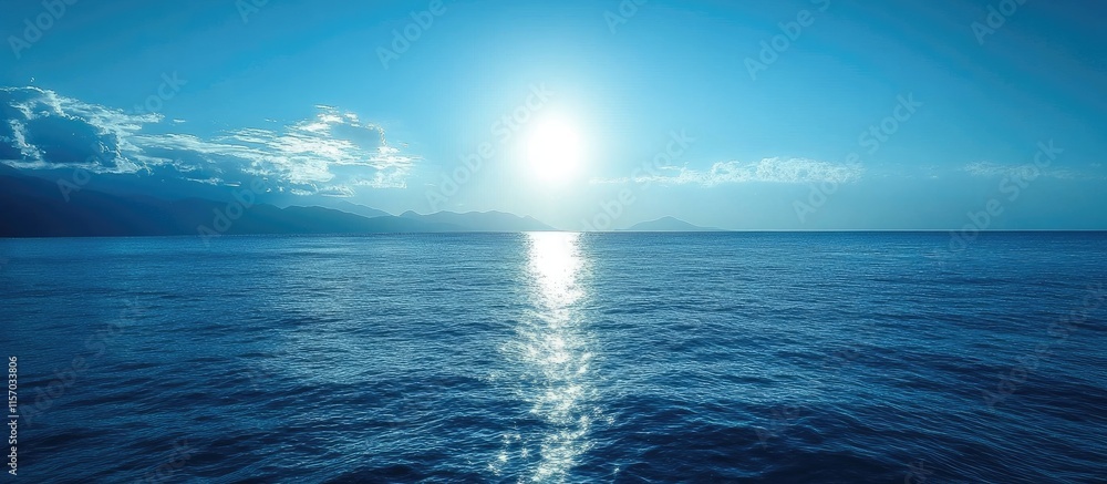 Fototapeta premium Tranquil seascape under a bright sun with calm blue waters reflecting light and serene clouds in the background evoking peace and solitude