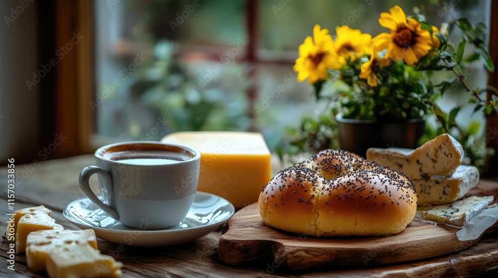 Rustic breakfast scene featuring a bun with poppy seeds, a cup of coffee, cheese, and fresh flowers on a wooden table. Rustic breakfast scene featuring a bun with poppy seeds, a cup of coffee, cheese, and fresh flowers on a wooden table.