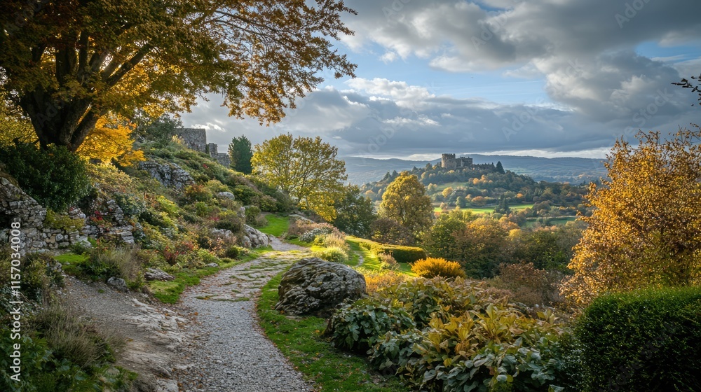 Scenic Hilltop View from Castle Garden Surrounded by Autumn Foliage and Rolling Landscape with Dramatic Skies
