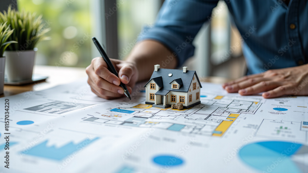 Fototapeta premium real estate agent writing on house plan with villa model in a professional workspace, showcasing expertise and attention to detail in property planning.