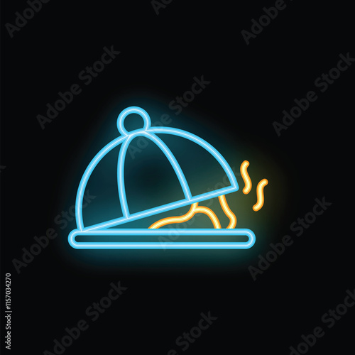 Neon icon of a covered restaurant serving dish with steam coming out, evoking anticipation and delicious aromas