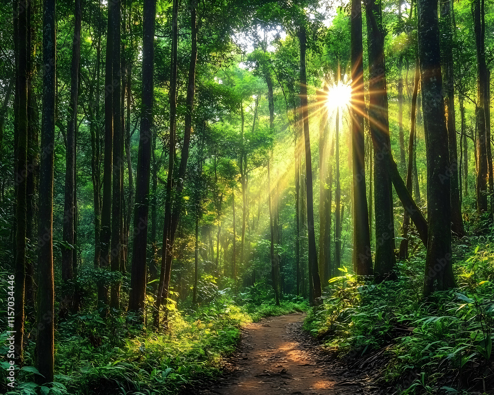Obraz premium Serene sunbeams illuminate a lush, tranquil forest path, inviting exploration and peace.