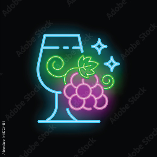 Colorful neon sign showing a glass of wine with grapes and swirls on black background