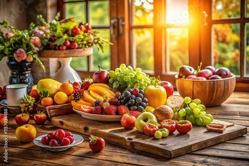 Rustic Wooden Table with Fresh Fruit & Food Platter - Architectural Photography