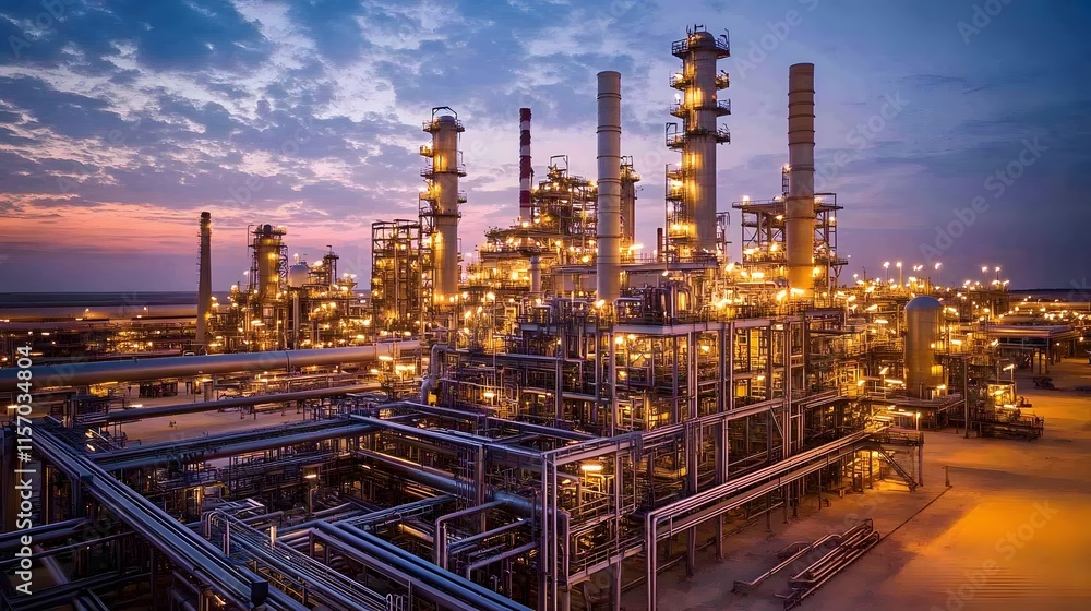 A large industrial plant with many tall towers and a lot of pipes. The sky is dark and the sun is setting A large industrial plant with many tall towers and a lot of pipes. The sky is dark and the sun is setting