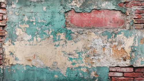 Weathered Vintage Wall with Peeling Paint and Exposed Brick Texture Ideal for Architectural and Artistic Backgrounds photo