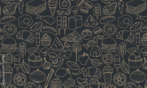 Hand drawn set of miscelanous food doodles, vector seamless food pattern, paper wrap, restaurant menu, line hand drawings, vector illustration, minimalist color.