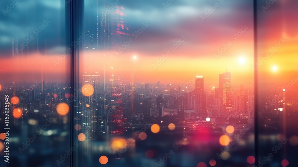 Fototapeta premium Urban skyline at sunset viewed through modern office window with glowing lights, showcasing future city technology and digital art ambiance