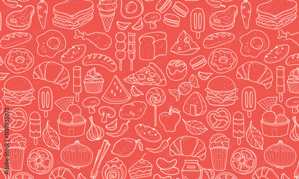 Hand drawn set of miscelanous food doodles, vector seamless food pattern, paper wrap, restaurant menu, line hand drawings, vector illustration, minimalist color. Hand drawn set of miscelanous food doodles, vector seamless food pattern, paper wrap, restaurant menu, line hand drawings, vector illustration, minimalist color.