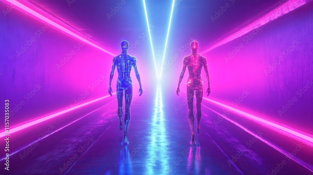 Futuristic robots in vibrant neon corridor. Futuristic robots in vibrant neon corridor.