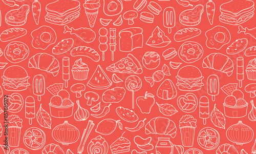 Hand drawn set of miscelanous food doodles, vector seamless food pattern, paper wrap, restaurant menu, line hand drawings, vector illustration, minimalist color.