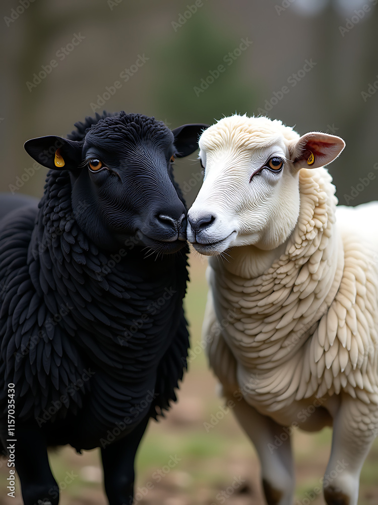 Fototapeta premium Sheep With Black And White Coats Embody A Simple Yet Effective Concept Of Contrasting Ideas Or Opposing Perspectives. 00002