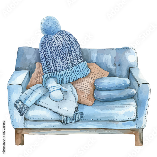 A watercolor painting of a warm knitted hat and gloves placed on a cozy couch, isolated on a white background. Winter accessories vector.
