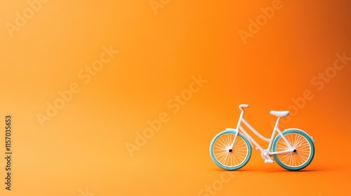 Miniature white bicycle on vibrant orange background showcasing business and creativity concepts with ample copy space photo