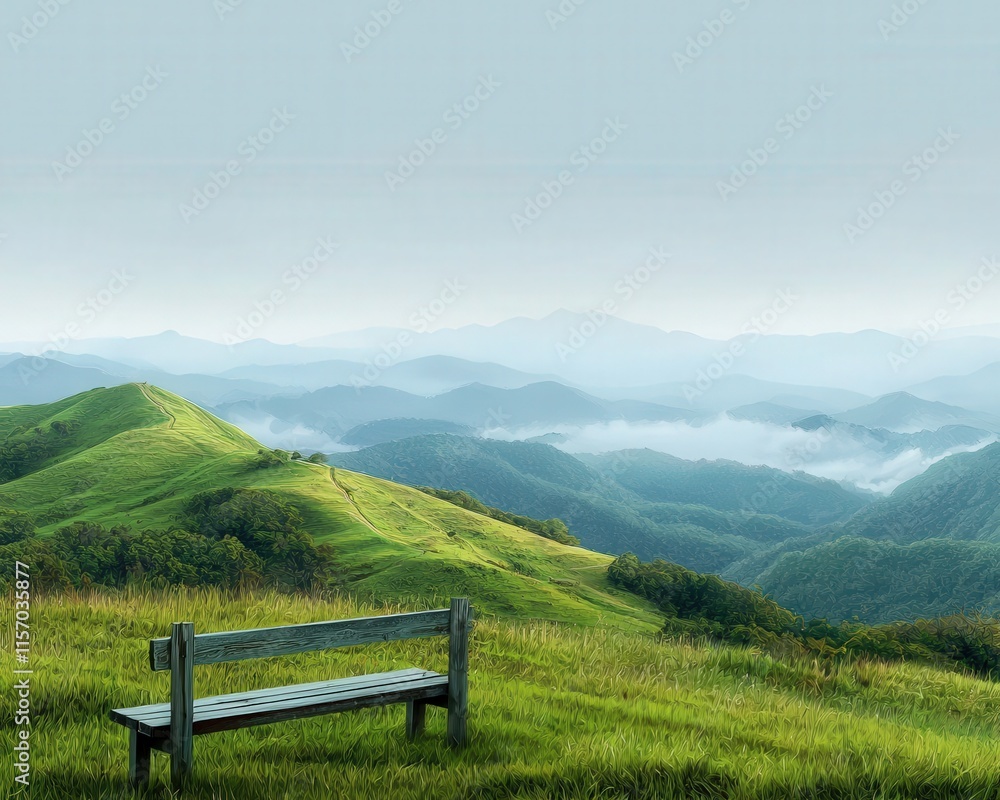 A green hilltop with a wooden bench overlooking a peaceful valley A green hilltop with a wooden bench overlooking a peaceful valley