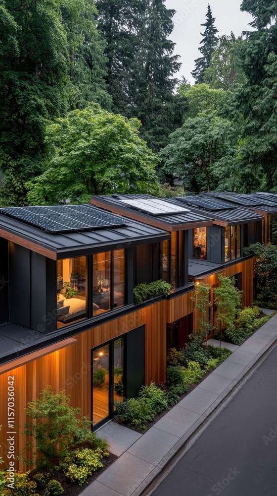 Fototapeta premium Sleek townhouses featuring large windows and wooden accents are bathed in warm golden hour light with greenery nearby and an empty street in view
