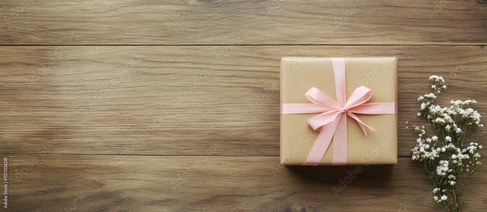 Kraft paper gift box with pink ribbon on wooden backdrop surrounded by flowers perfect for festive occasions and personal messages Kraft paper gift box with pink ribbon on wooden backdrop surrounded by flowers perfect for festive occasions and personal messages