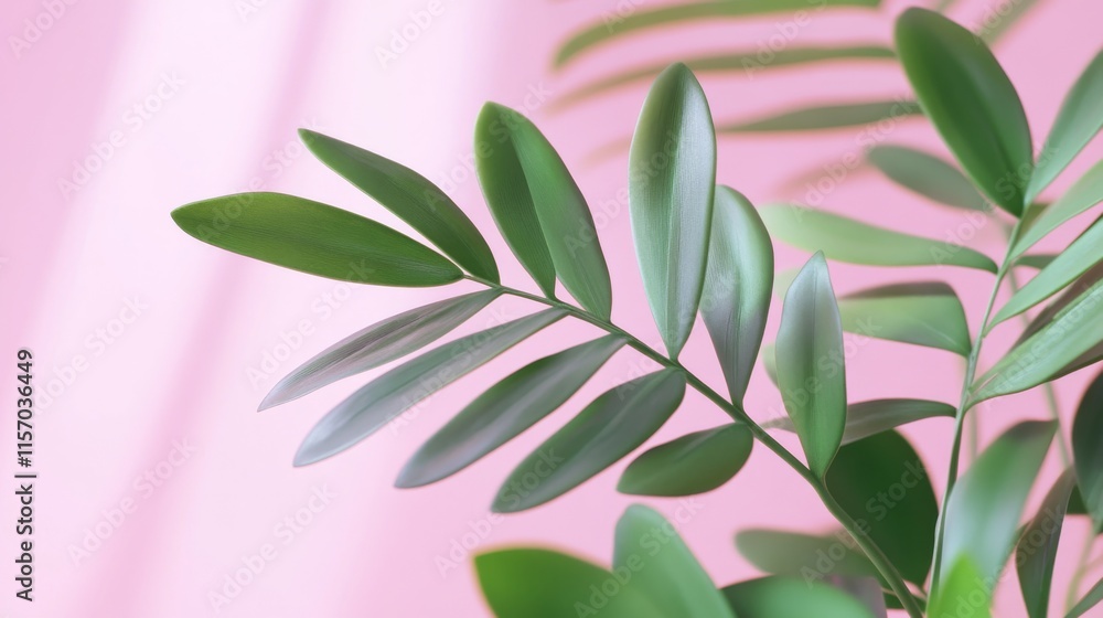 Obraz premium Green leaves with soft pink background.