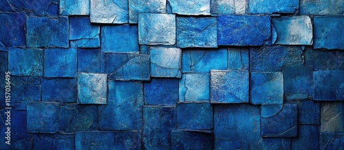 Weathered blue brick wall with textured stones perfect for web design backgrounds or mobile applications photo