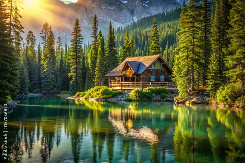 Obraz premium Secluded Lake Ohara Cabin, Canadian Riverfront Retreat, Hidden Amongst Trees