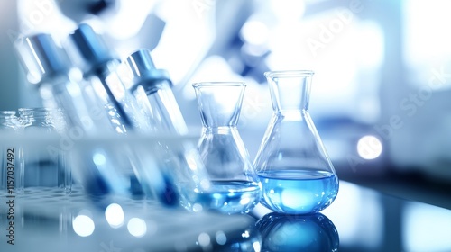 Laboratory glassware with blue liquid solutions. photo