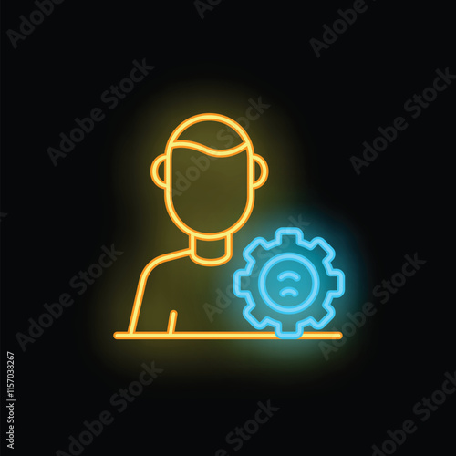 Neon sign representing a person feeling down next to a gear with a wifi symbol, concept of technological problems