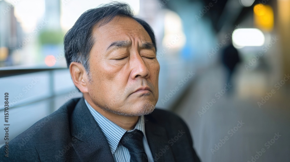 Stressed Asian businessman reflecting on challenges while resting in a modern urban environment with eyes closed and a focused expression Stressed Asian businessman reflecting on challenges while resting in a modern urban environment with eyes closed and a focused expression