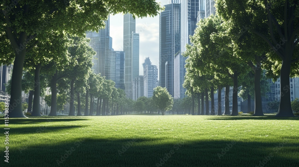 Lush green park with tall city buildings backdrop. Lush green park with tall city buildings backdrop.