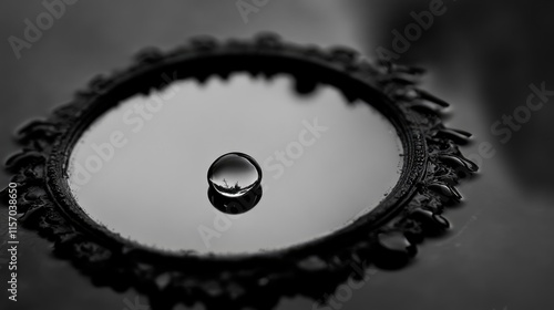 Water droplets reflecting light on a vintage mirror creating a serene and artistic monochrome composition photo