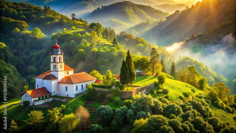 Fototapeta premium Serene Hilltop Church: Double Exposure of Faith and Nature