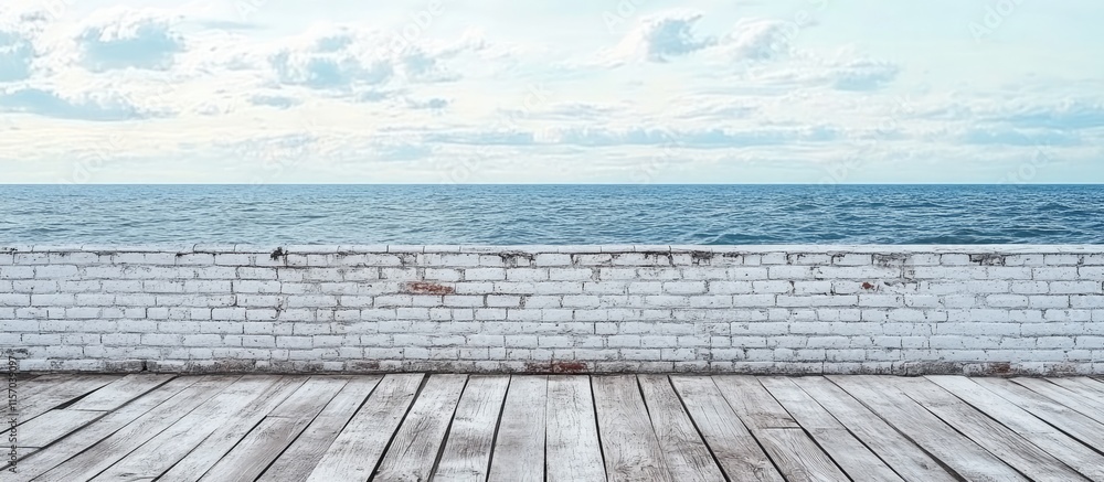 Modern interior mockup featuring a white brick wall and rustic wooden floor against a serene ocean view ideal for design presentations and styling. Modern interior mockup featuring a white brick wall and rustic wooden floor against a serene ocean view ideal for design presentations and styling.