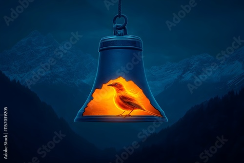 A cracked bell housing a radiant, glowing songbird, symbolizing resilience, freedom, and hope emerging from brokenness and adversity. photo